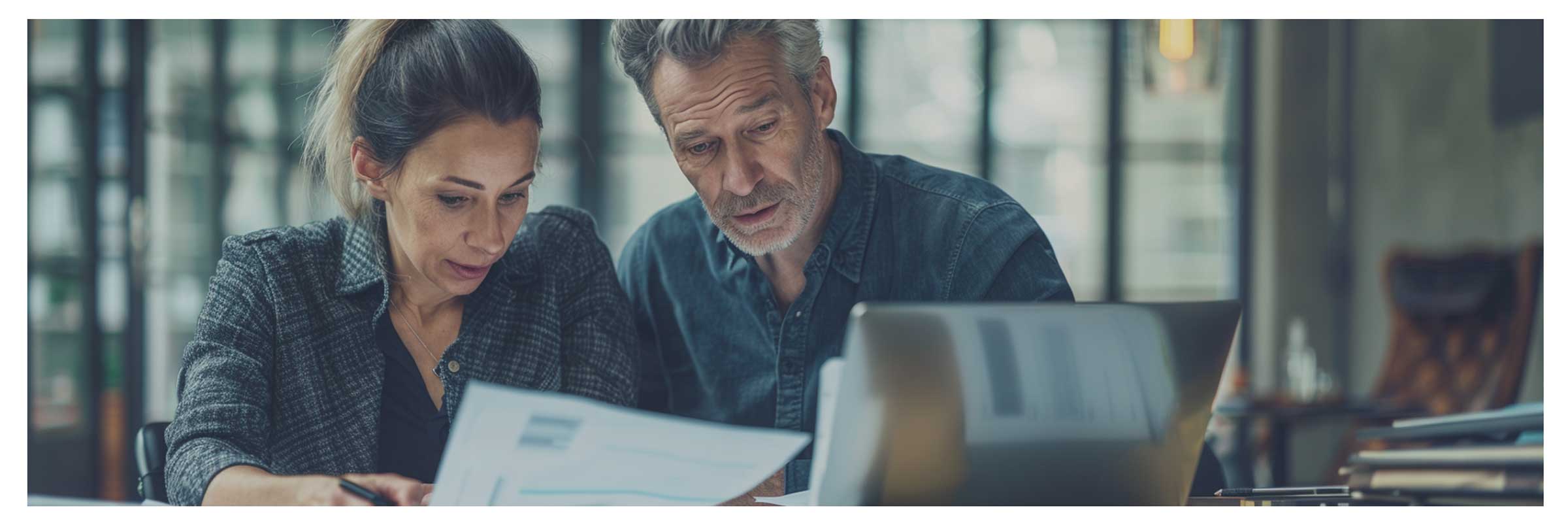 Twee professionals bespreken documenten en cijfers tijdens een inhoudelijk feedbackmoment in een zakelijke setting.