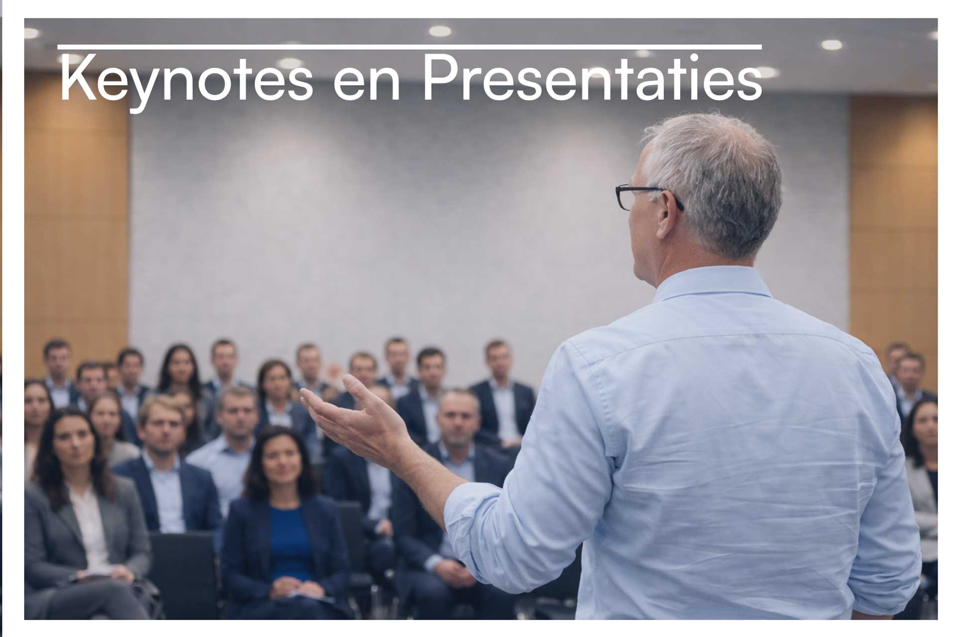 Spreker geeft een inhoudelijke keynote of presentatie aan een zakelijk publiek tijdens een B2B-event.