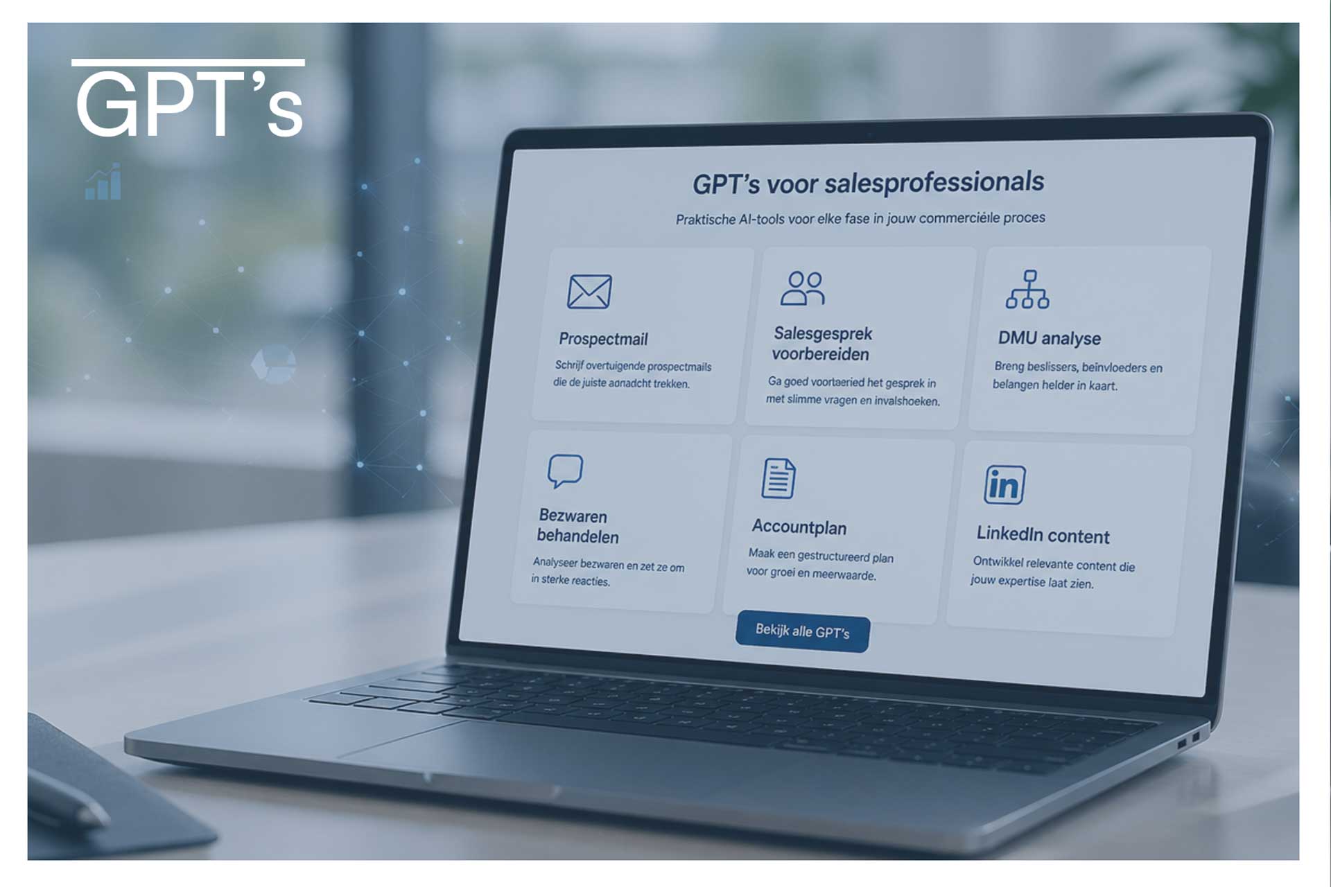 Laptop met GPT’s voor salesprofessionals en AI-tools voor commercieel werk