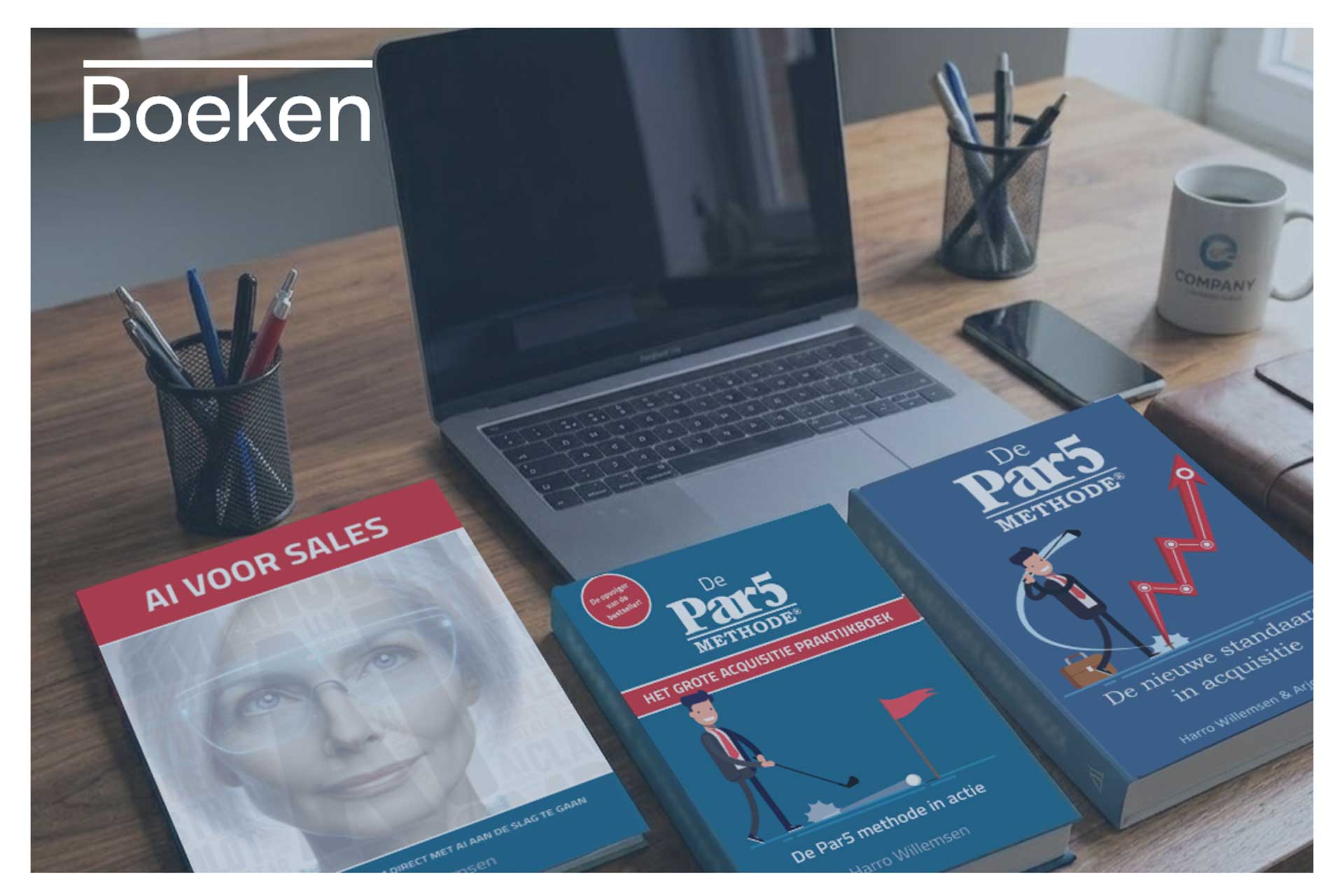 Drie boeken van Harro Willemsen over acquisitie, sales en AI op een bureau