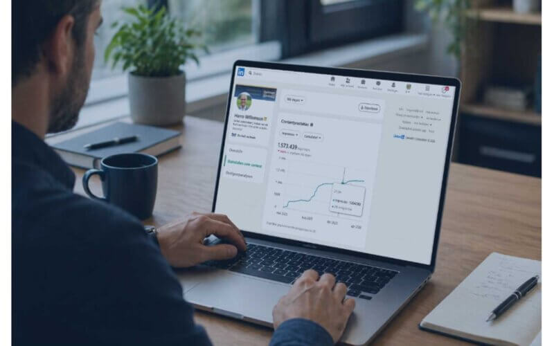 Salesprofessional bekijkt LinkedIn-content over sales en acquisitie