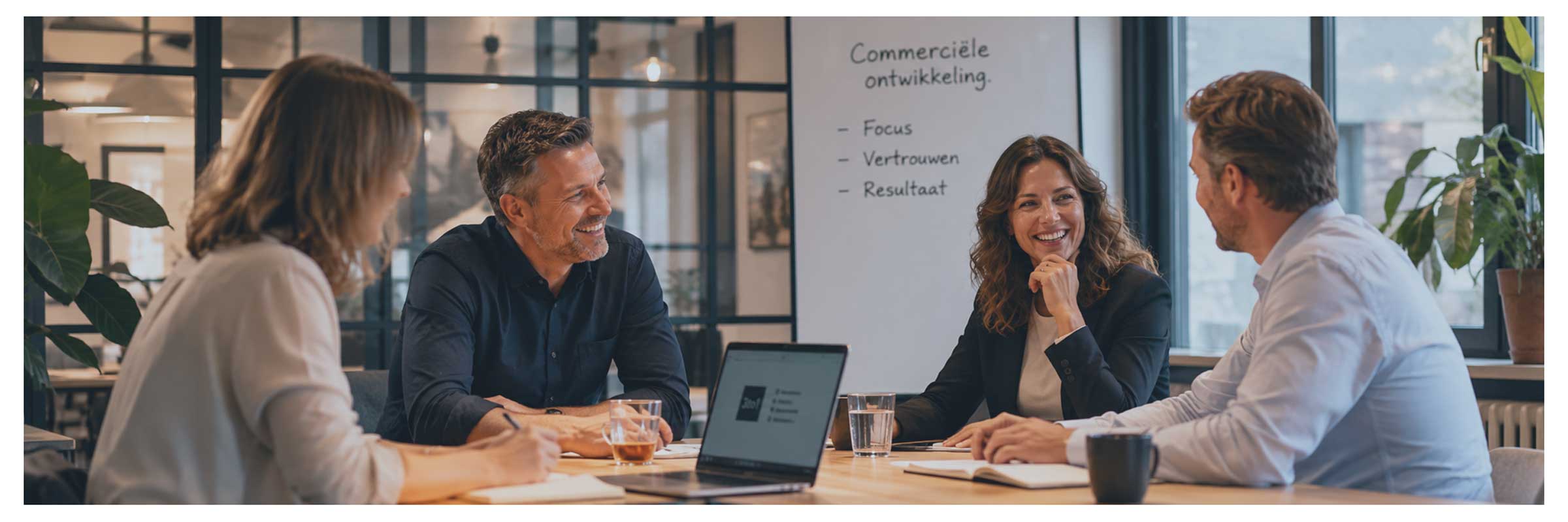 Salestrainer en commercieel team bespreken commerciële ontwikkeling rond focus, vertrouwen en resultaat