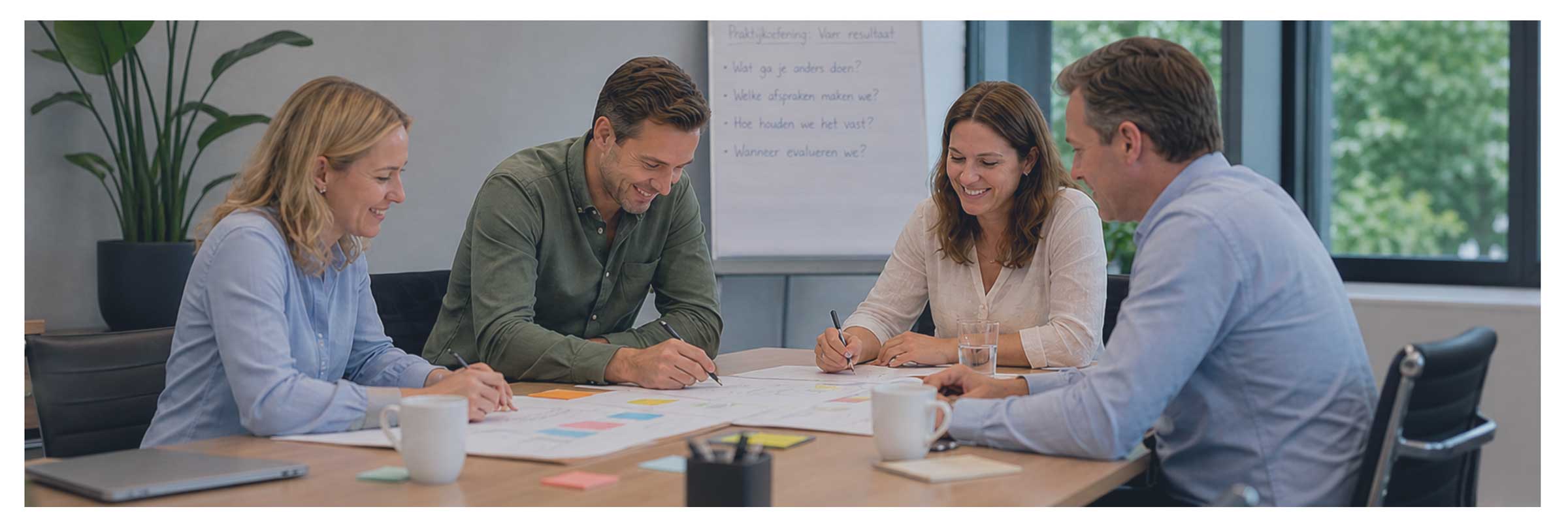 Commercieel team werkt samen aan een praktijkoefening tijdens maatwerk salestraining