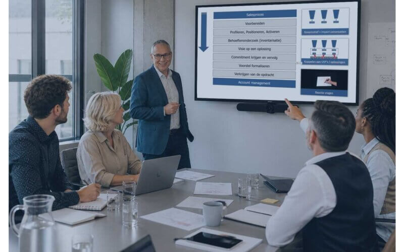 Salestrainer van 3to1 bespreekt het salesproces met een commercieel team